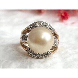 Cultured Pearl & Cubic Zirconia Framed Gold Toned Vintage Ring - sz 4.75